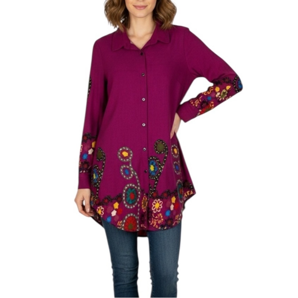 Reborn Artsy Bold Long Sleeve Button Front Jersey Knit Tunic Top Large Magenta